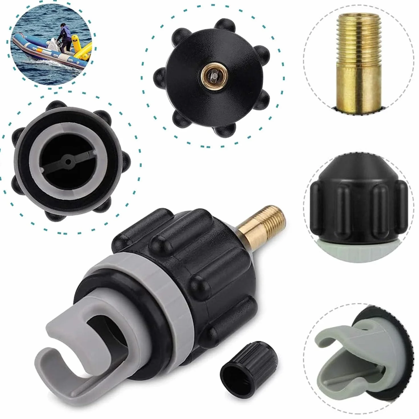 1 opakowanie Adapter zaworu powietrza łodzi, adapter zaworu pompy Sup, konwerter pompy powietrza do nadmuchiwanego łodzi do nadmuchiwanego łóżka, nadmuchiwanej łodzi (czarny)
