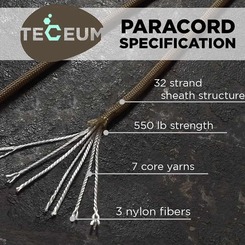 TECEUM Paracord typ III 550 miedziany, brązowy, 30,5 m, 4 mm, linka taktyczna MIL-SPEC, linka do aktywności na zewnątrz, na kemping, wędrówki, sprzęt wędkarski, linka spadochronowa EDC, mocna lina survivalowa, 015