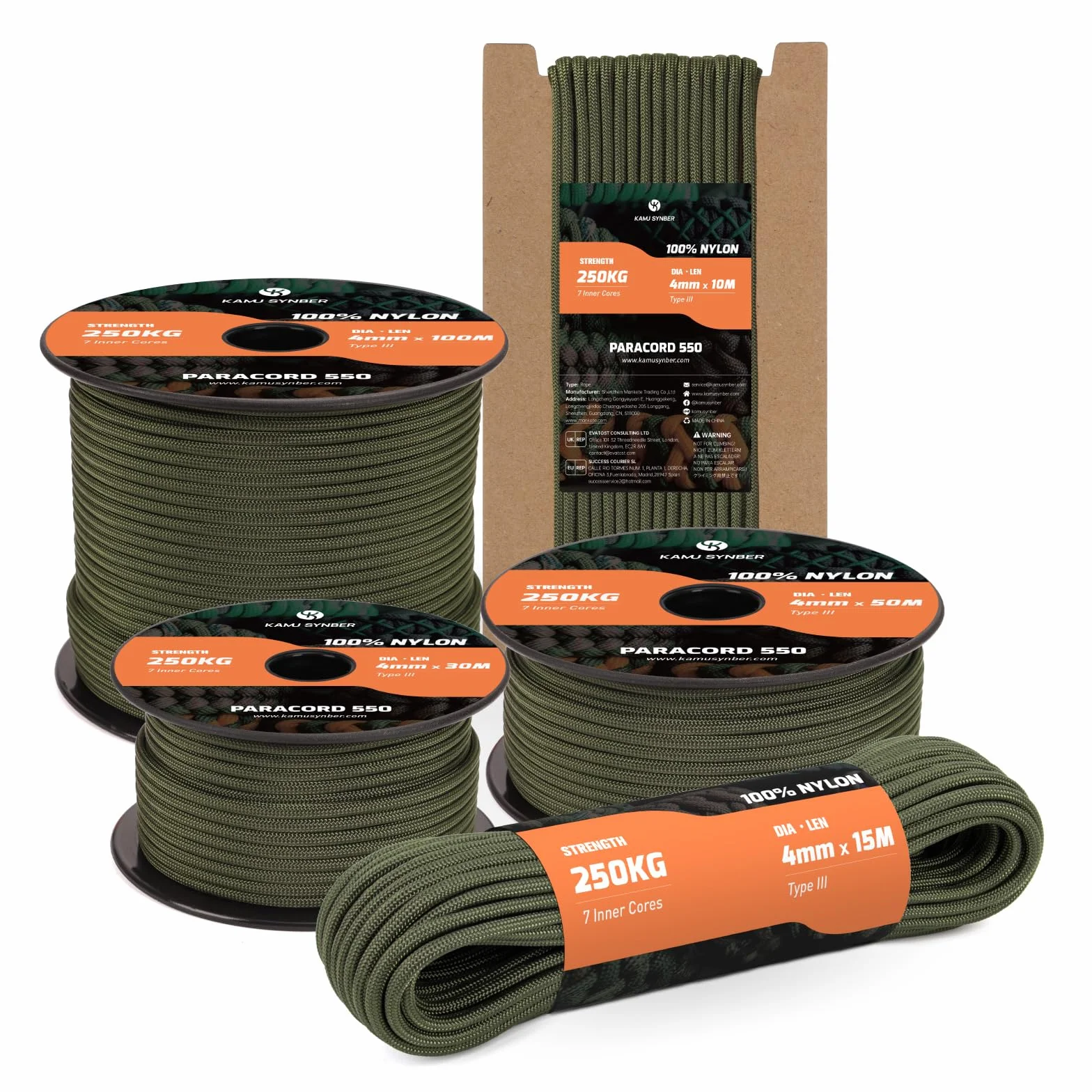 Paracord 550 4mm 10M Typ III 7-żyłowa 100% Nylonowa Linka Sznurek Idealna do Majsterkowania, Biwakowania, Zewnątrz, Survivalowy | Wsparcie 250kg | Zieleń Wojskowa