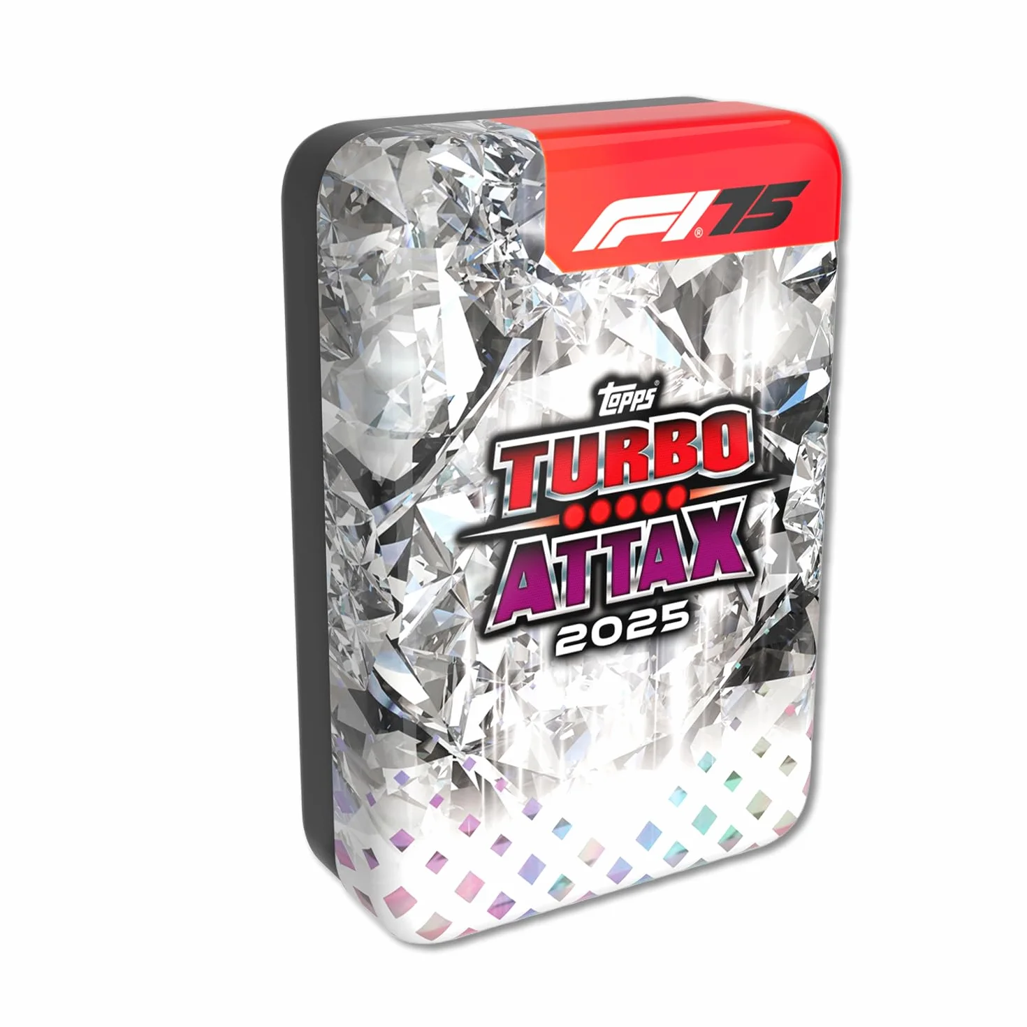 Topps Turbo Attax Formula 1 2025 – Diamond Edition Mega Tin – zawiera 66 kart, w tym 6 kart LE i 5 ekskluzywnych elementów. Legend Relics w puszkach na szczęście