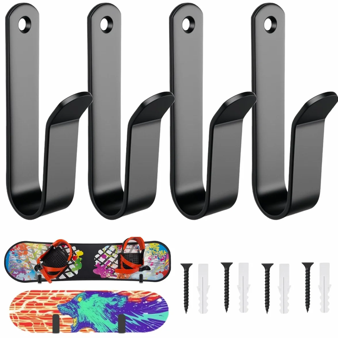 4 uchwyty ścienne do snowboardu, czarny, uchwyt na narty ze śrubą, do deskorolek, snowboardu, półki ściennej, ekspozycyjnej na deski takie jak deskorolki, longboard, wakeboardy i rolki