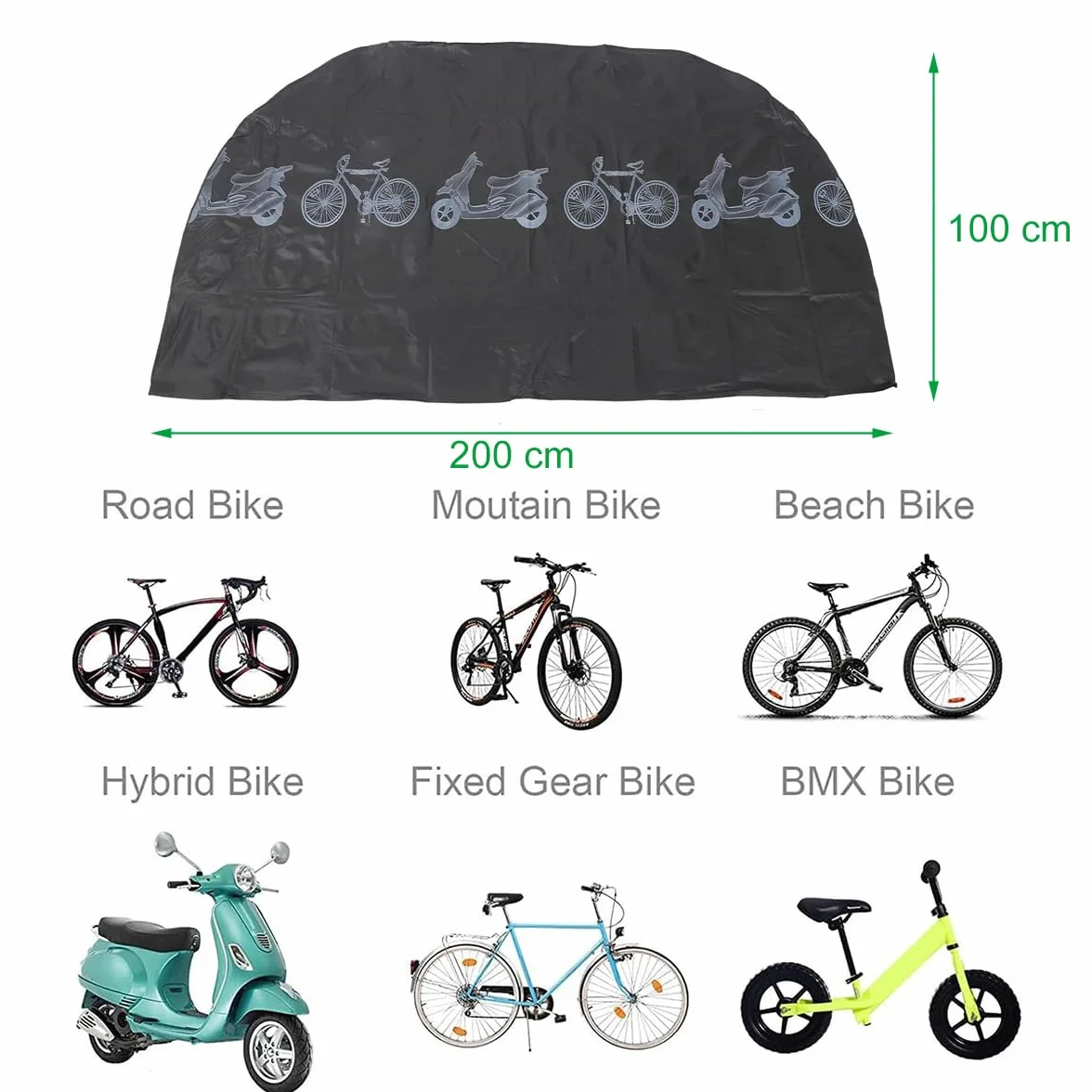 Pokrowiec na rower, do przechowywania na zewnątrz, wodoodporny, odporny na kurz, deszcz, ochrona przed promieniowaniem UV, do roweru górskiego, szosowego, motocykla, czarny, 200 x 100 cm