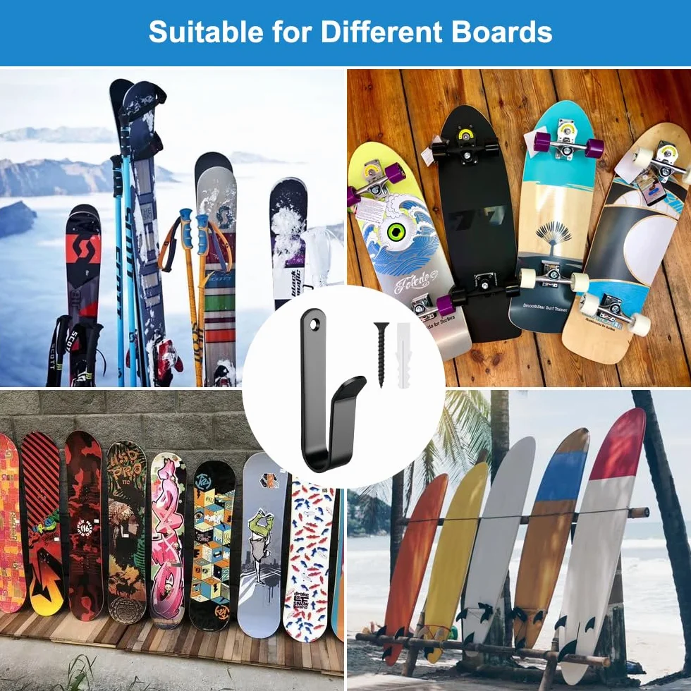 4 uchwyty ścienne do snowboardu, czarny, uchwyt na narty ze śrubą, do deskorolek, snowboardu, półki ściennej, ekspozycyjnej na deski takie jak deskorolki, longboard, wakeboardy i rolki