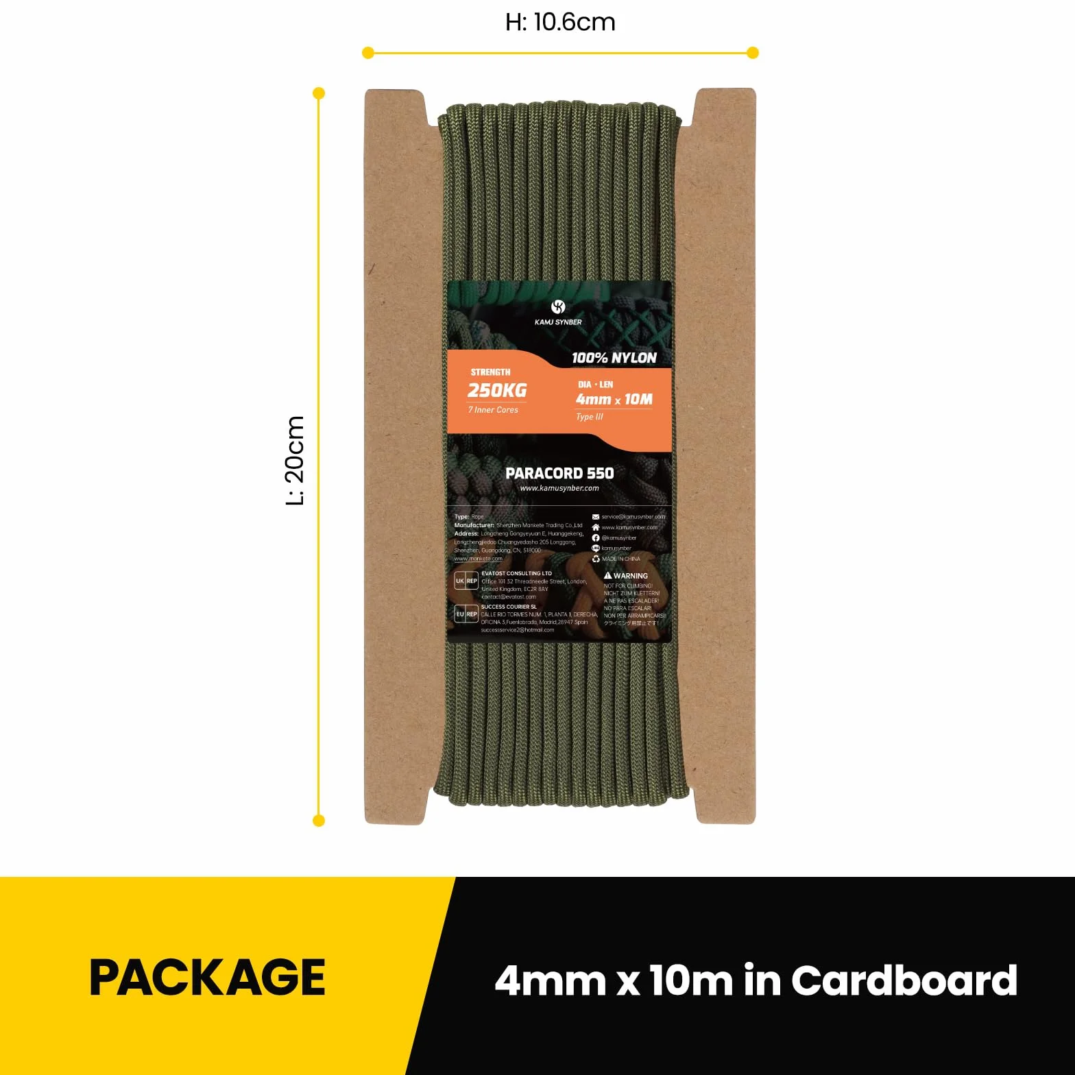 Paracord 550 4mm 10M Typ III 7-żyłowa 100% Nylonowa Linka Sznurek Idealna do Majsterkowania, Biwakowania, Zewnątrz, Survivalowy | Wsparcie 250kg | Zieleń Wojskowa