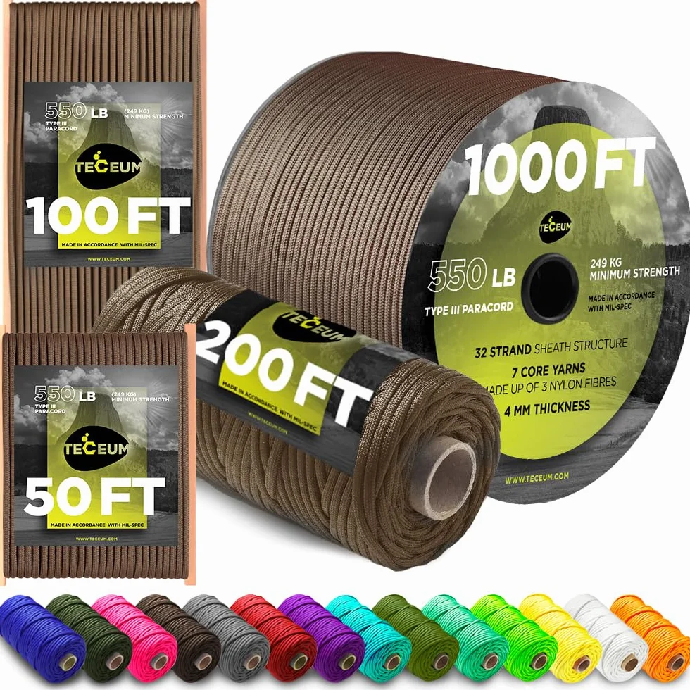 TECEUM Paracord typ III 550 miedziany, brązowy, 30,5 m, 4 mm, linka taktyczna MIL-SPEC, linka do aktywności na zewnątrz, na kemping, wędrówki, sprzęt wędkarski, linka spadochronowa EDC, mocna lina survivalowa, 015